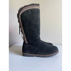 LAMO Black Suede Faux Fur Sherpa Booties Mid Calf Size 8 Embroidered Lace Up Bac